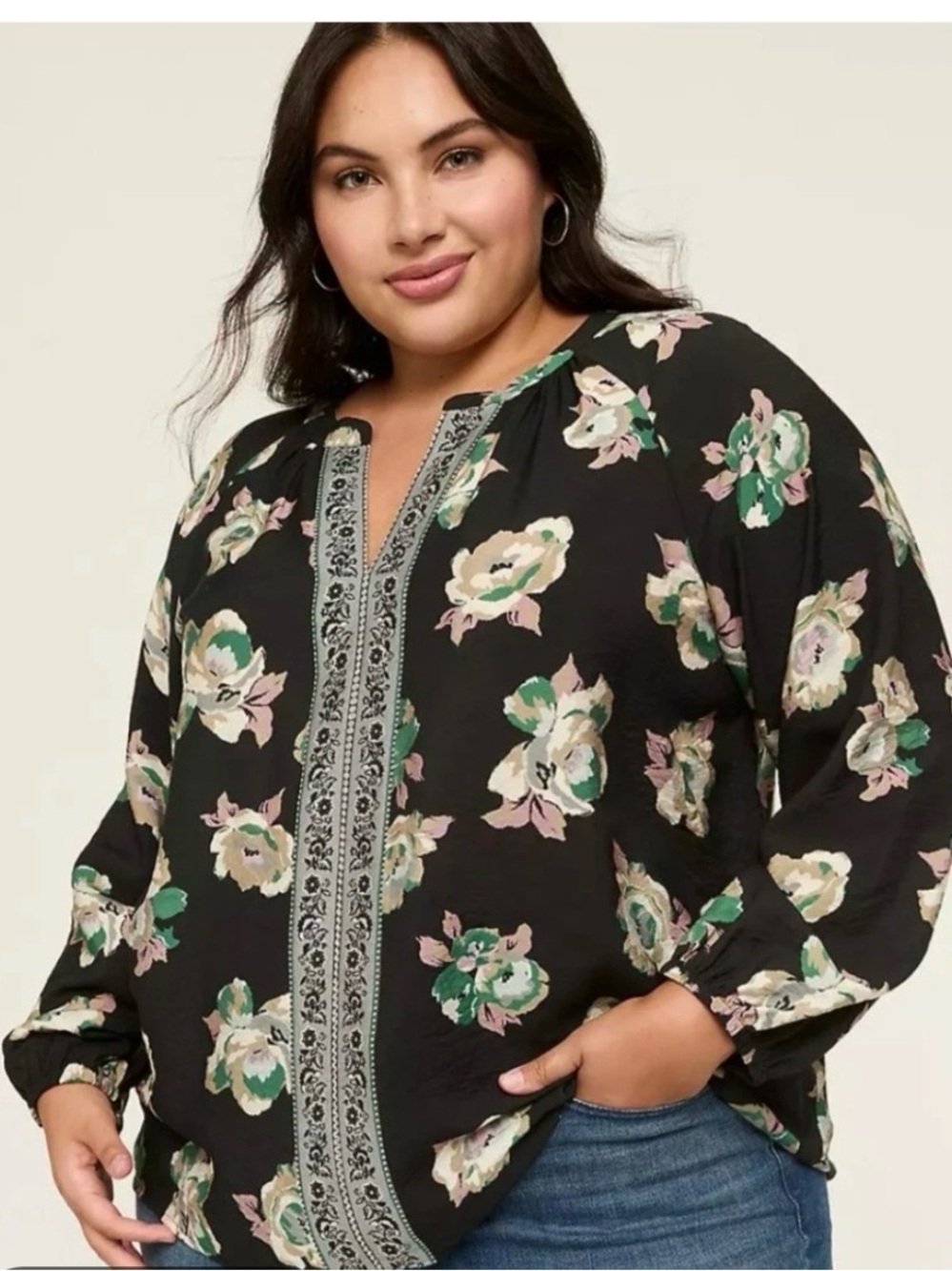 Lane Bryant Black Floral V-Neck Peasant Blouse